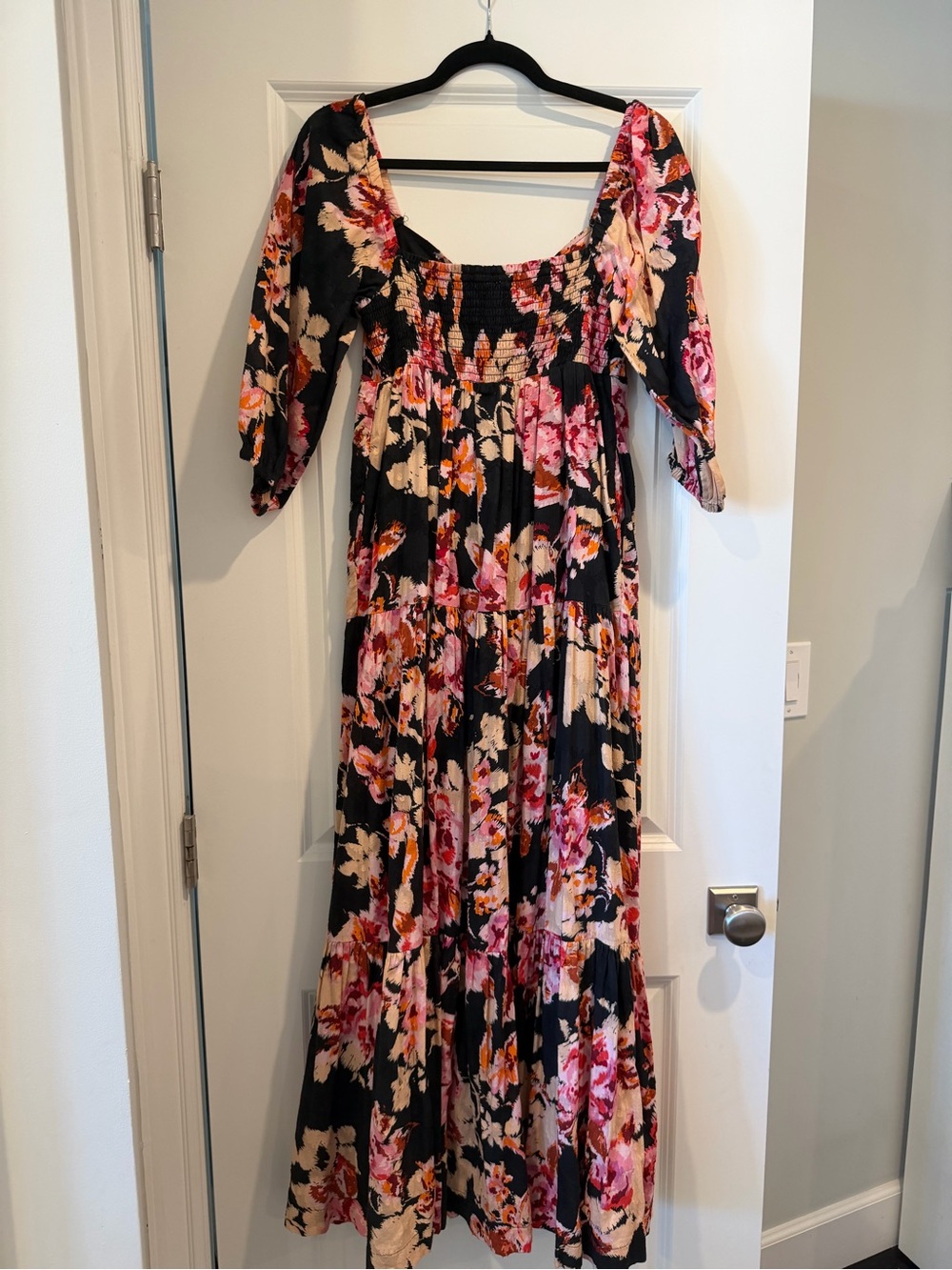 Anthropologie Black Maxi Dress with Pink, Cream & Orange Floral Print